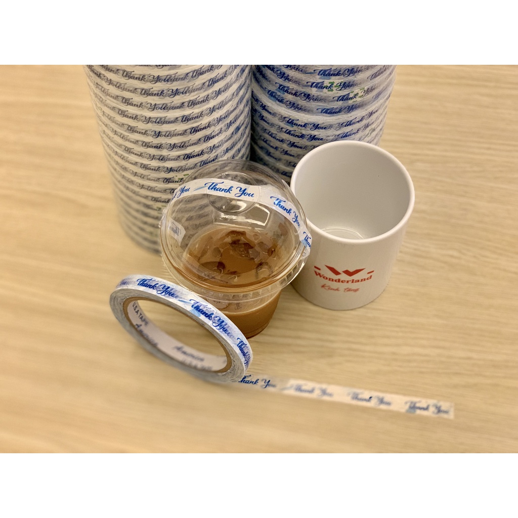 1 cuộn băng keo nền trắng sữa in chữ thank you dán ly trà sữa, cà phê 12mm x 72met
