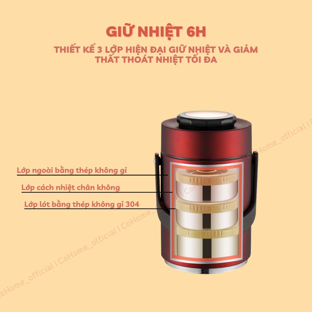 Hộp cơm giữ nhiệt 3 khay inox 304 riêng biệt, cà men đựng cơm, cặp lồng ủ nóng 6 giờ