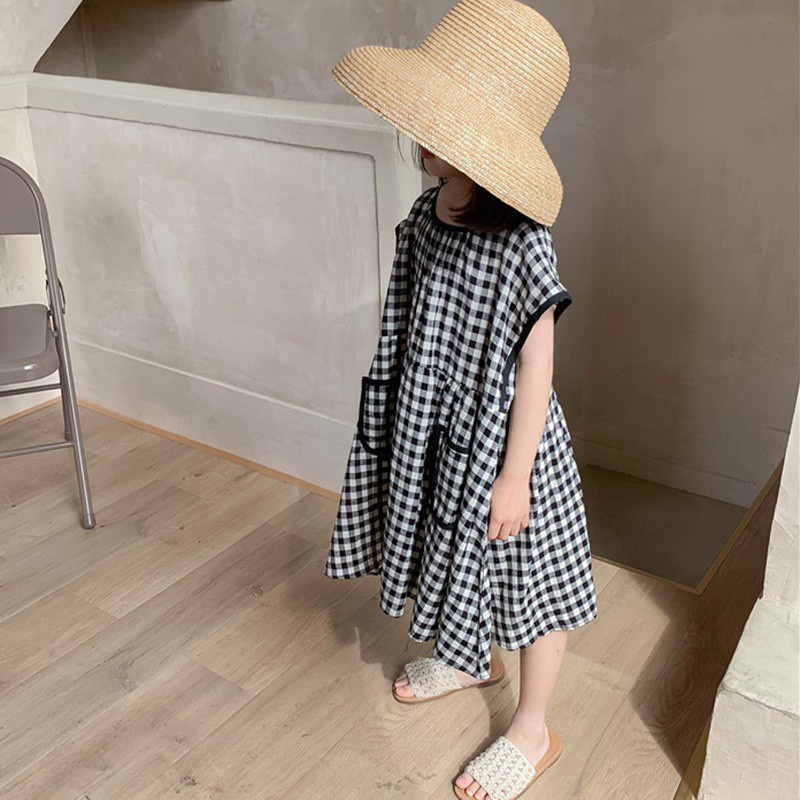 Đầm Cotton Lanh Họa Tiết Sọc Caro Phong Cách Hàn Quốc Thời Trang Mùa Hè Dành Cho Bé Gái