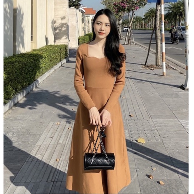 (Ảnh thật shop chụp) Váy len cổ điệu chân xoè thời trang Quảng Châu, chất liệu gia công xuất xứ Quảng Châu V1201 đầm len