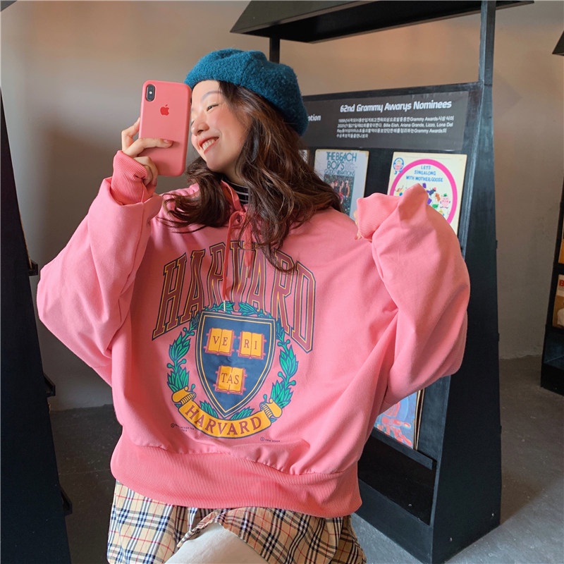 SUXI Áo Hoodie Nữ Tay Dài Dáng Rộng In Hình Phong Cách Hàn Quốc