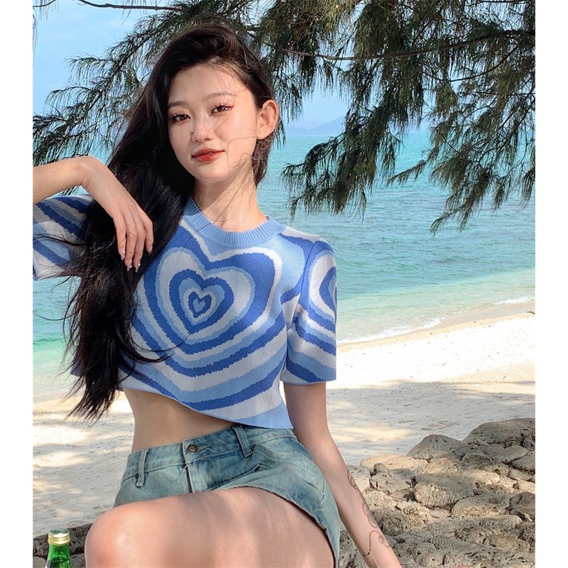 Áo Thun Dệt Kim Ngắn Tay Họa Tiết Trái Tim Phong Cách Âu Mỹ Cho Nữ
