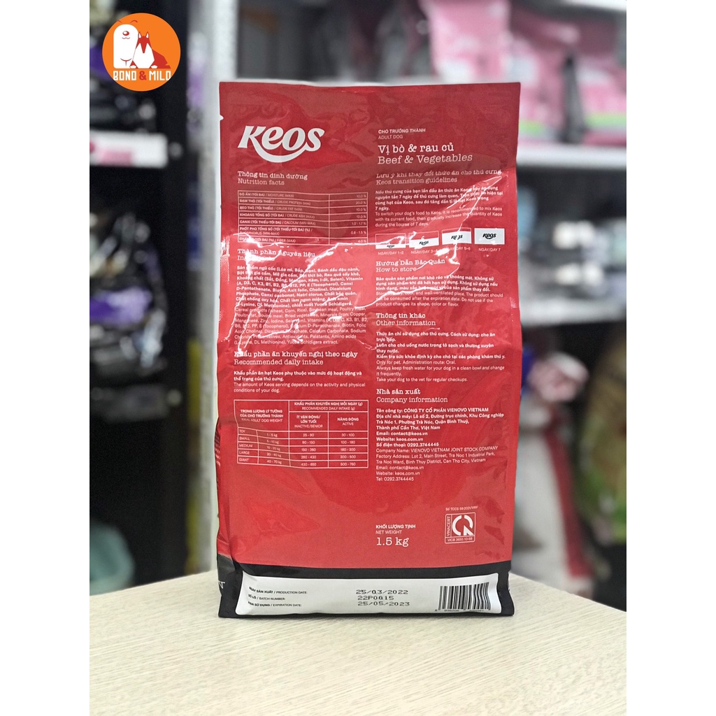THỨC ĂN CHO CHÓ HẠT KEOS VỊ BÒ VÀ GÀ BAO 1,5KG - BONDMILO SHOP
