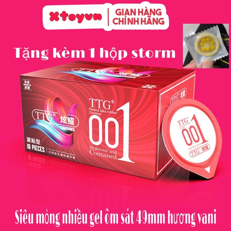 Bao Cao Su TTG 0.01mm Màu Đỏ Siêu Mỏng ôm sát 49mm - Nhiều gel Hương Chanh OLO - Hộp 10 bcs tặng 1 storm