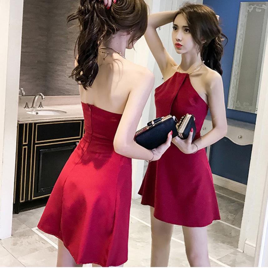 Đầm dự tiệc lưng trần sexy dáng xòe vòng cổ kim loại siêu xinh Letter A (màu đỏ đô) 👗