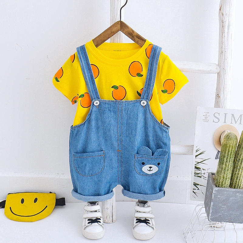 Set áo thun tay ngắn in trái cam và quần yếm denim cho bé trai 0-6 tuổi
