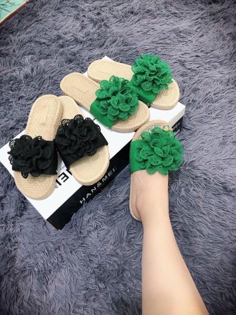 Bán sỉ dép đế cói quai hoa da lộn xanh