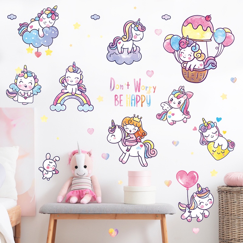 Decal trang trí tường phòng ngủ cho bé gái màu hồng - decalamyshop Kỳ lân Dont worry be happy Cao Cấp