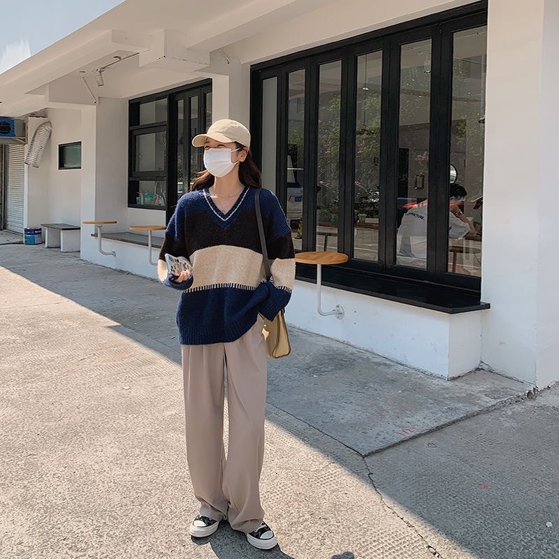 MỚI Áo len sọc ngang cổ chữ V thời trang nữ áo sweater nữ