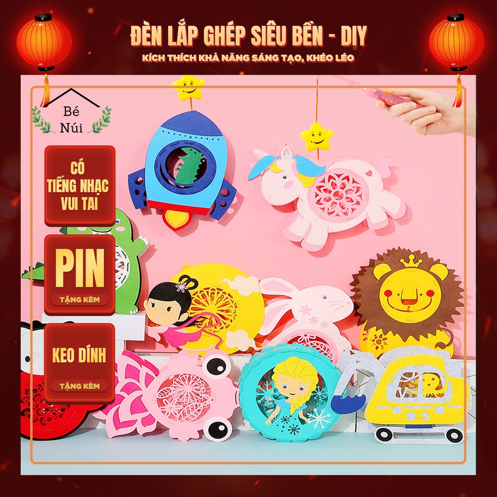 Đèn lồng trang trí trung thu cho bé phát sáng có tiếng nhạc nhấp nháy tự lắp dán nhiều hình đáng yêu Decor D2 Bé Núi