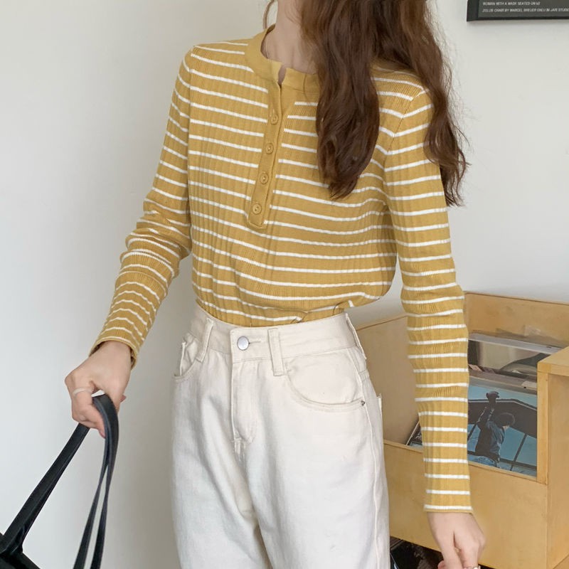 Áo sweater nữ tay dài kẻ sọc ngang thời trang thu đông có đính nút