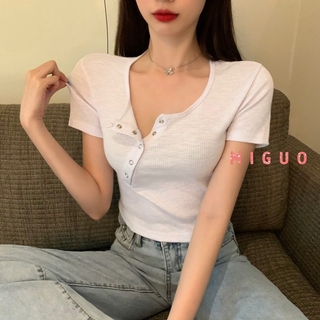 Áo thun tay ngắn phối hàng nút chéo phong cách hàn quốc