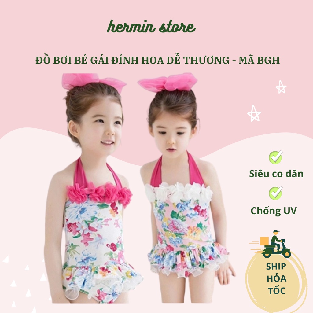 Đồ bơi bé gái - Bikini bé gái liền thân đính hoa siêu dễ thương hè 2021