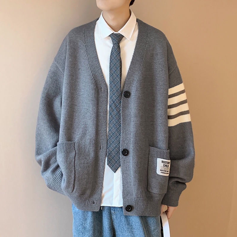Áo Khoác Cardigan Len Dày Dáng Rộng Phong Cách Preppy Hàn Quốc Dễ Phối Đồ Thời Trang Thu Đông Cho Nam