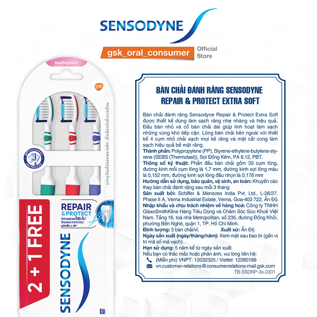 Bộ 3 bàn chải đánh răng Sensodyne Repair &amp; Protect Extra Soft cải tiến mới