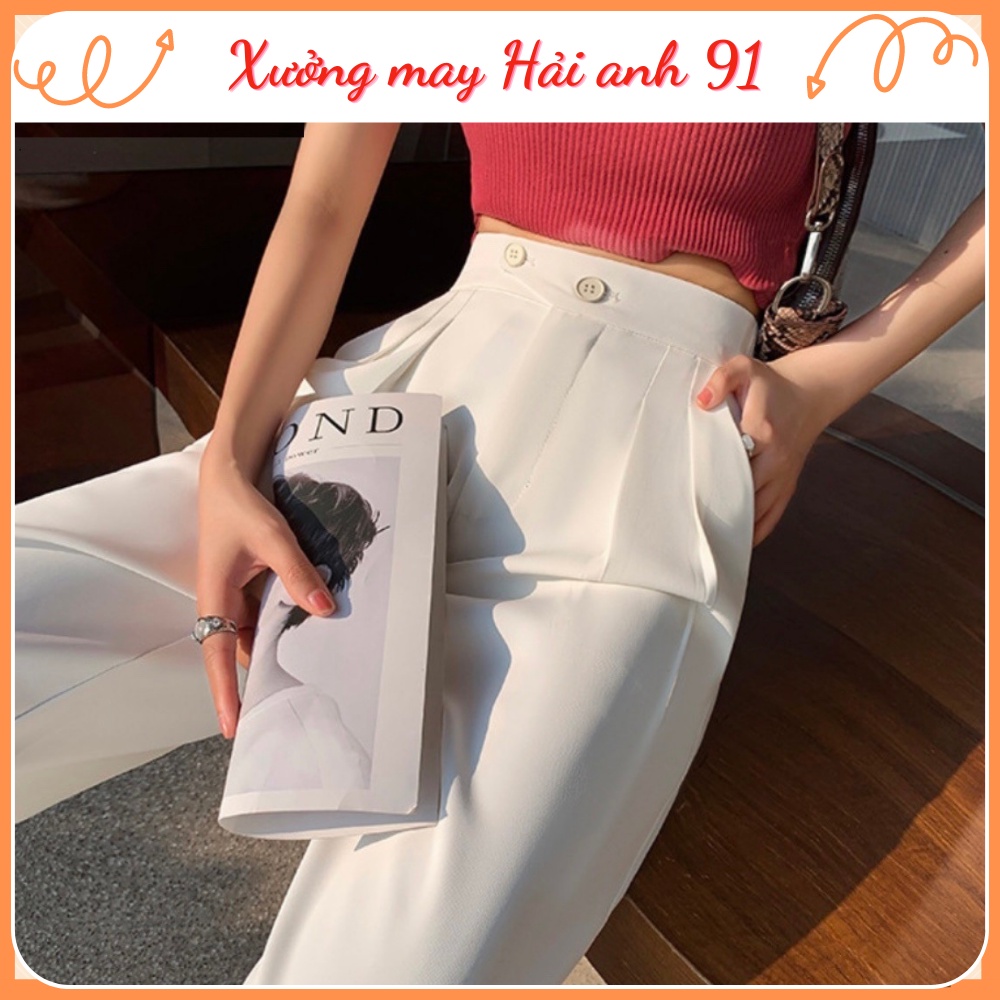 Quần Dài Nữ Ống Rộng Lưng Cao Khuy Chéo Chất Vải Tuyết Mưa Kiểu Dáng Công Sở Hàn Quốc