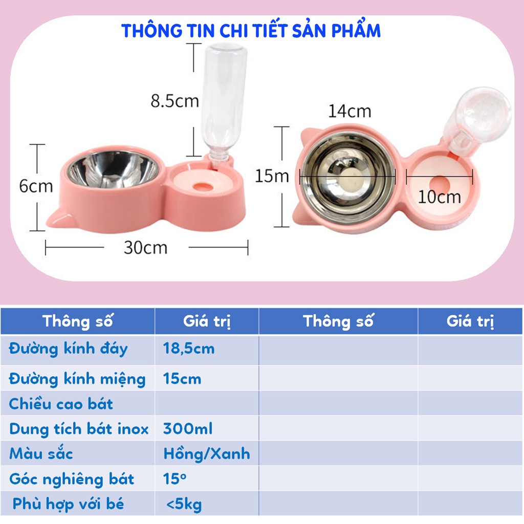 Bát ăn cho chó mèo thú cưng hai ngăn đôi có bát inox khay bình nước tự động hình tai mèo