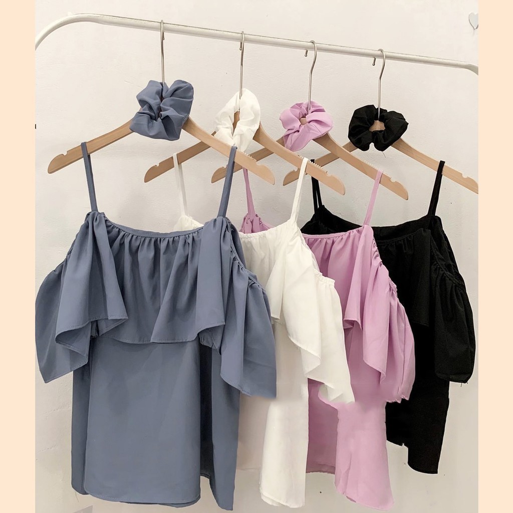 Áo 2 Dây Trễ Vai Kèm Dây Buộc Tóc Xinh Xắn
