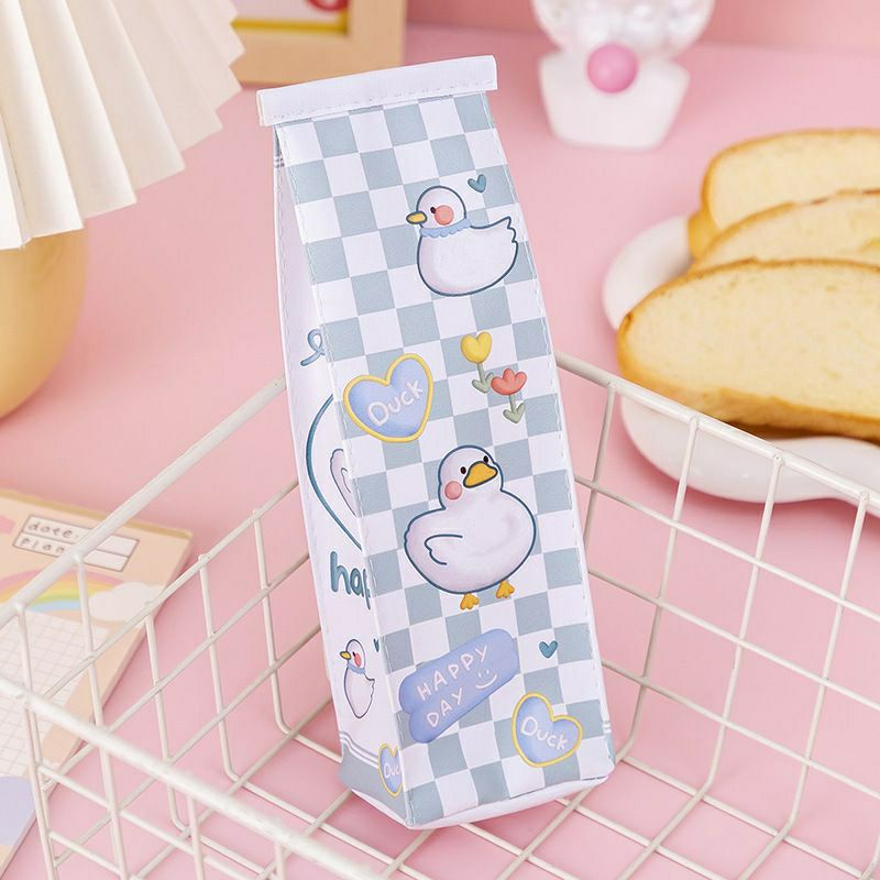 Hộp đựng bút, túi bút hình hộp sữa họa tiết caro vịt vàng, cô bé, thỏ đáng yêu