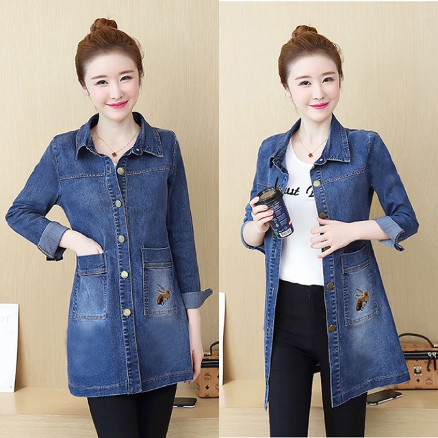 Áo khoác jean nữ form dài cổ sơ mi