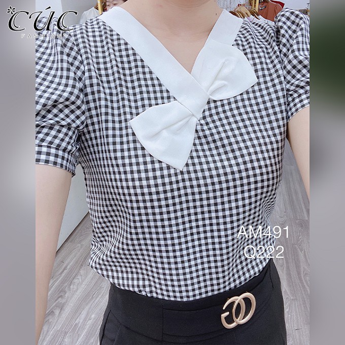 Áo sơ mi nữ công sở cao cấp đẹp Cúc Fashion AM491 somi kẻ nơ cổ trắng