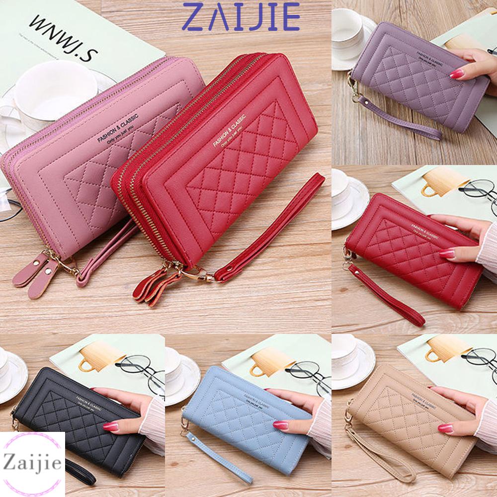💜ZAIJIE💜 Lady Women Card Holder PU Leather Phone Checkbook Organizer Woman Wallet Double Zip Fashion Classic Multi-slot Zip Purse/Multicolor