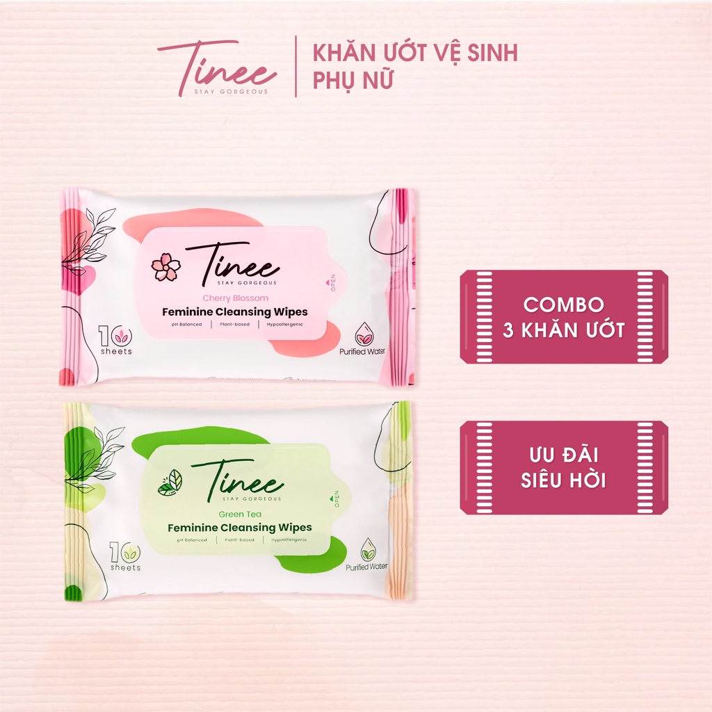 Combo 3 Gói khăn giấy ướt vệ sinh phụ nữ vùng kín Tinee 10 tờ/ gói