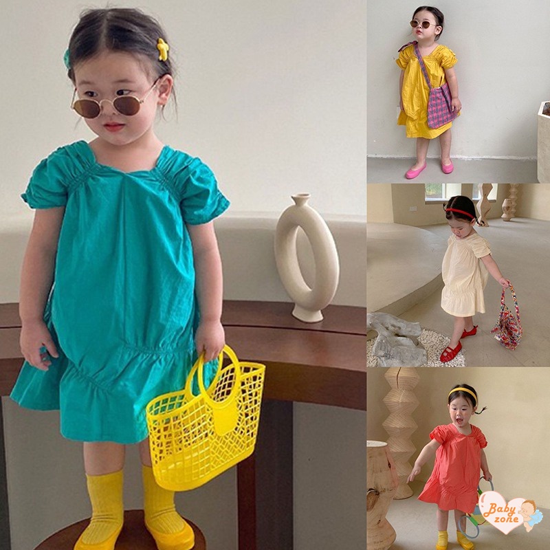 Đầm Công Chúa Mùa Hè Không Tay Cổ Vuông Màu Trơn Cho Bé Gái 3-8 Tuổi