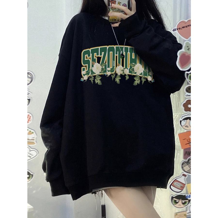 Áo Nỉ oversize Cổ Tròn In Họa Tiết Phong Cách retro Đường Phố Mỹ