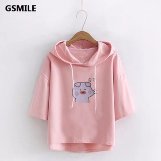 [Gsmile] Áo thun ngắn tay in hình hoạt hình 9 màu phong cách Hàn Quốc Áo thun có mũ trùm đầu Áo nữ đơn giản Áo thường ngày dành cho học sinh