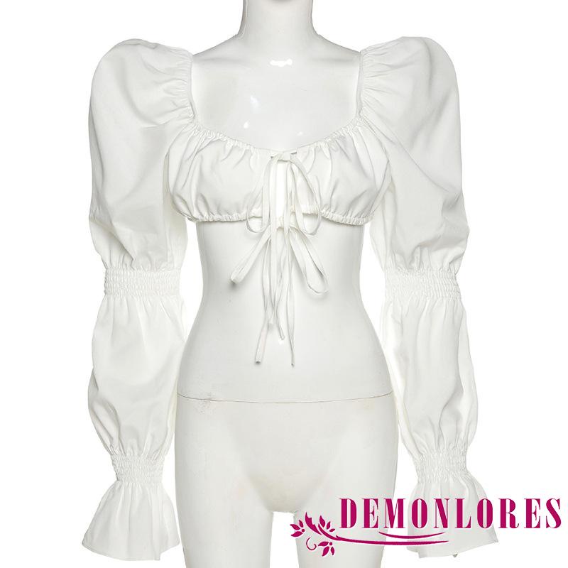 Áo Croptop Ôm Dáng Tay Dài Phồng Cổ Khoét Sâu Màu Trơn Gợi Cảm Cho Nữ