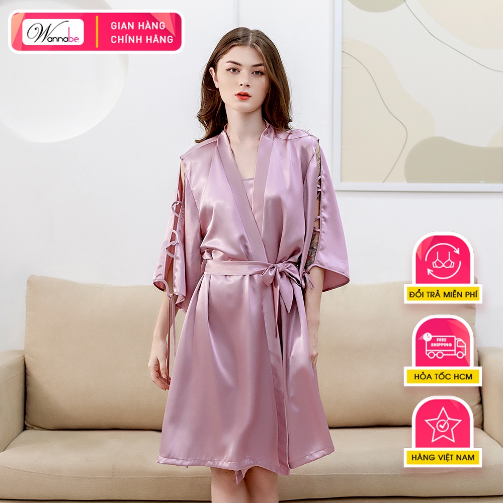 Áo choàng ngủ phi lụa kimono cao cấp Wannabe KIS33 xẻ sườn cánh tay đan khoen cột nơ lạ mắt nữ tính