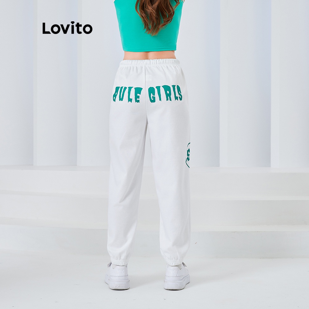 Quần jogger LOVITO lưng cao dây rút dáng suông rộng in họa tiết chữ cái phong cách thể thao L04069 (Màu trắng)