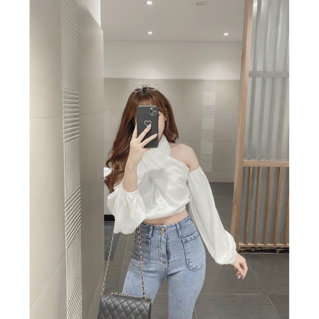 Áo trễ vai croptop kiểu nữ tay dài thiết kệ độc lạ hở lưng quyến rũ freesize màu trắng và đen THEA TOP