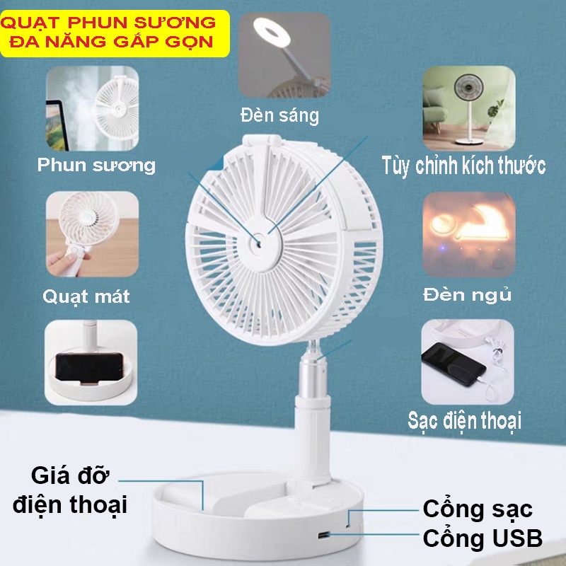 Quạt Tích Điện Phun Sương  HS9 H9 , Điều Khiển Từ Xa + Xoay , Gấp Gọn - Kéo Dài 1m, Pin 7200 Mah, Đèn ngủ 2 Chế Độ Sáng