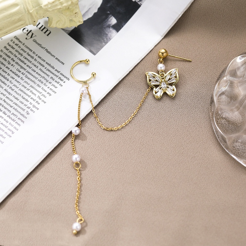 Bông Tai Dáng Dài Hình Bướm Đính Ngọc Trai Phối Dây Xích Tua Rua Kiểu Hàn Quốc Thời Trang Cho Nữ