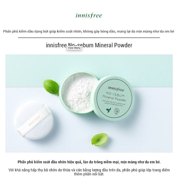 Phấn phủ kiềm dầu dạng bột khoáng [Innisfree] No Sebum Mineral Powder 5g