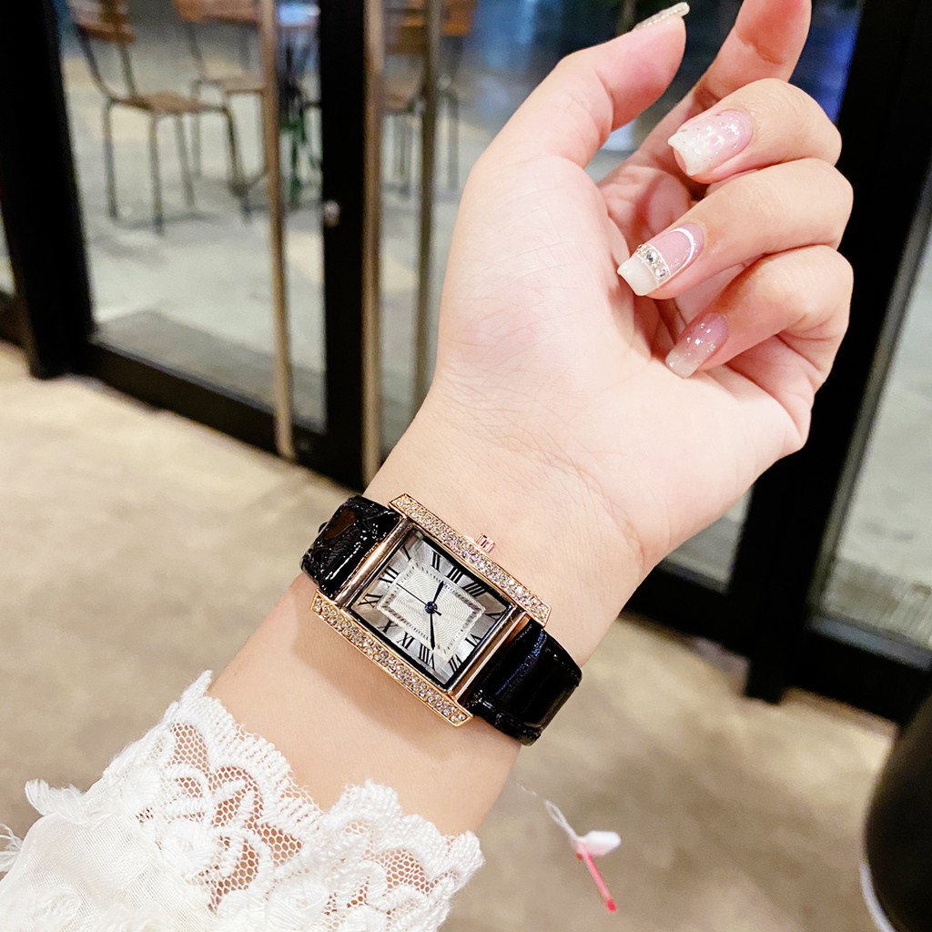 Đồng Hồ Nữ GC505 dây da mặt chữ nhật, họa tiết hoa văn, viền đính đá luxury.
