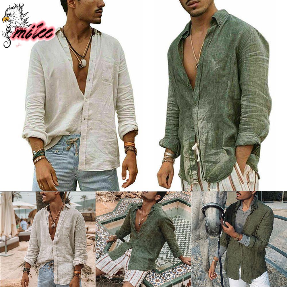 Áo Thun Cotton Lanh Cổ Bẻ Tay Dài Dáng Rộng Phối Nút Nhiều Màu Sắc Thời Trang Mùa Hè Cho Nam