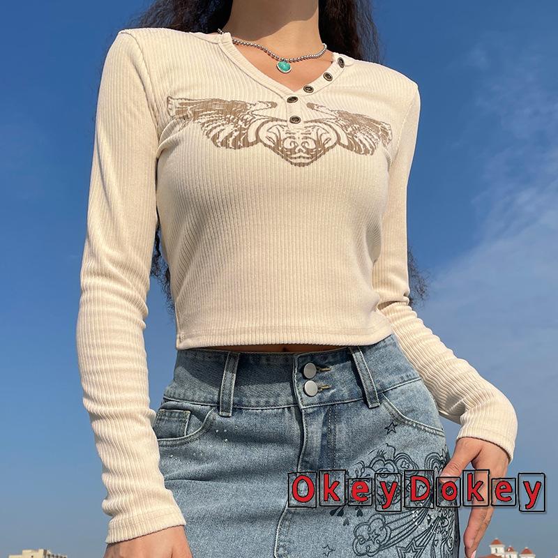 Áo croptop tay dài cổ chữ v in chữ thời trang cho nữ