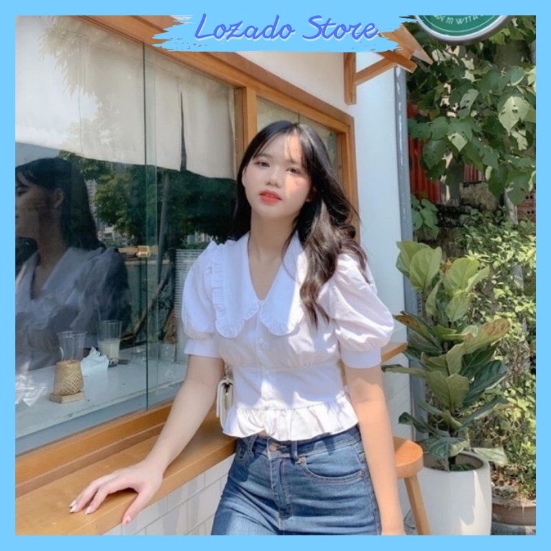Áo sơ mi nữ LOZADO áo sơ mi kiểu cộc tay phồng cổ phối bèo ôm eo dáng croptop sexy nữ tính A251