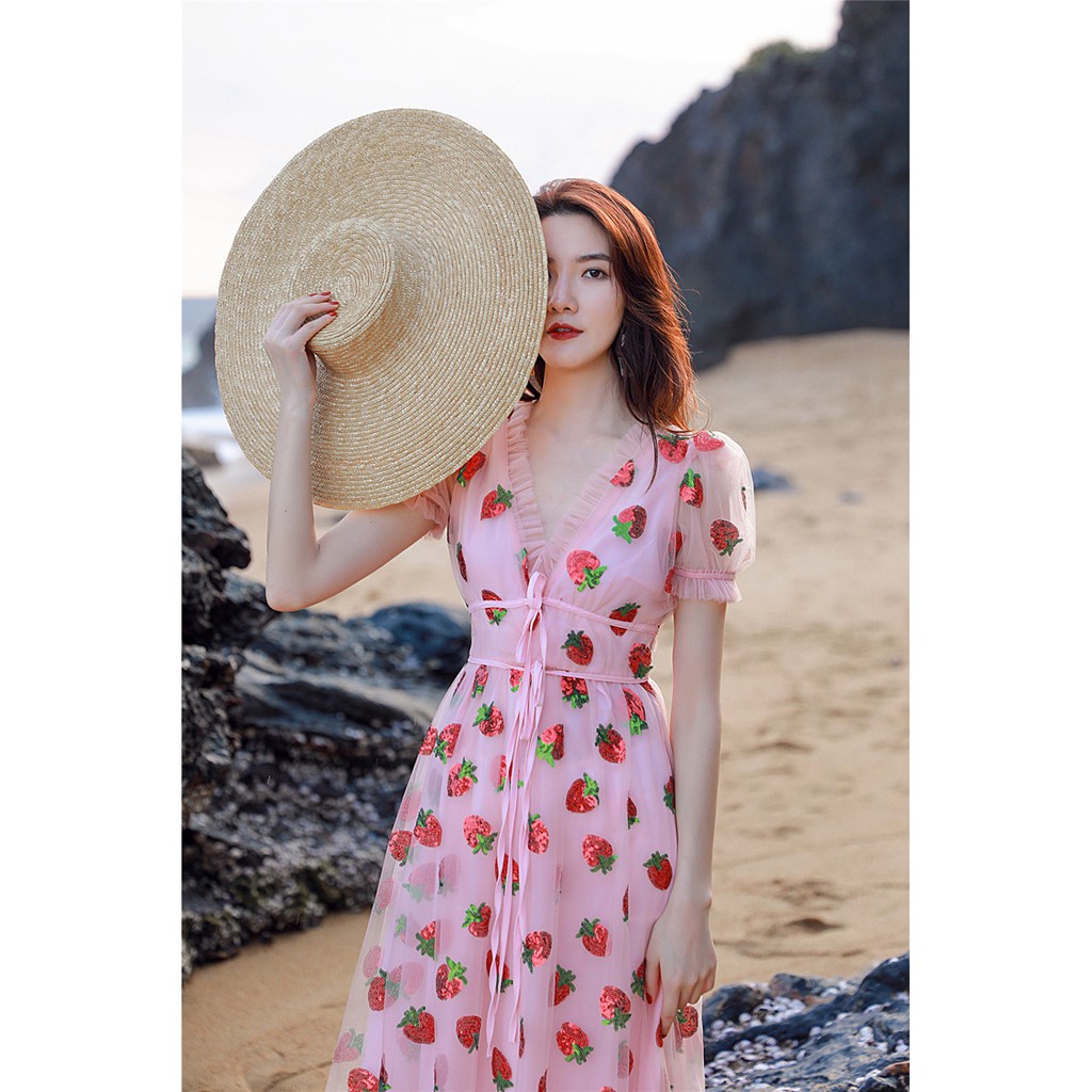 ঔৣ Váy đầm maxi dáng dài xòe họa tiết dâu strawberry bánh bèo vintage teen du lịch đi biển dễ thương xinh xắn ঔৣ