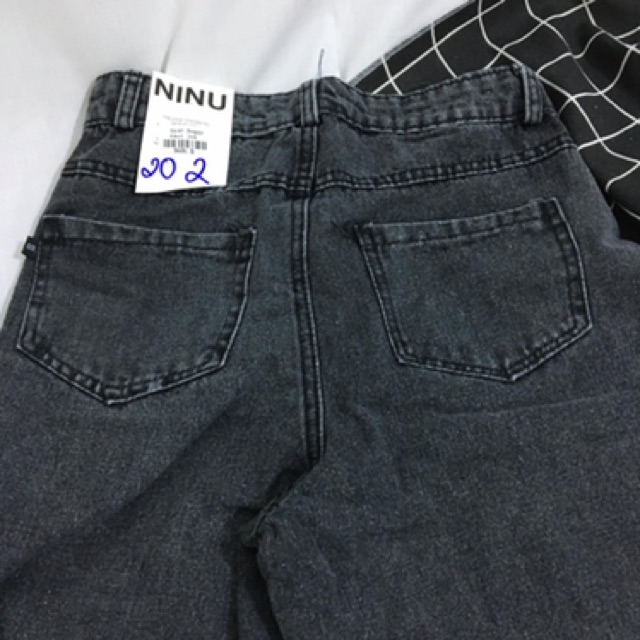 Quần baggy jeans cạp cao rách 2 bên đùi chất liệu vải bò denim màu xám khói không giãn - CM shop