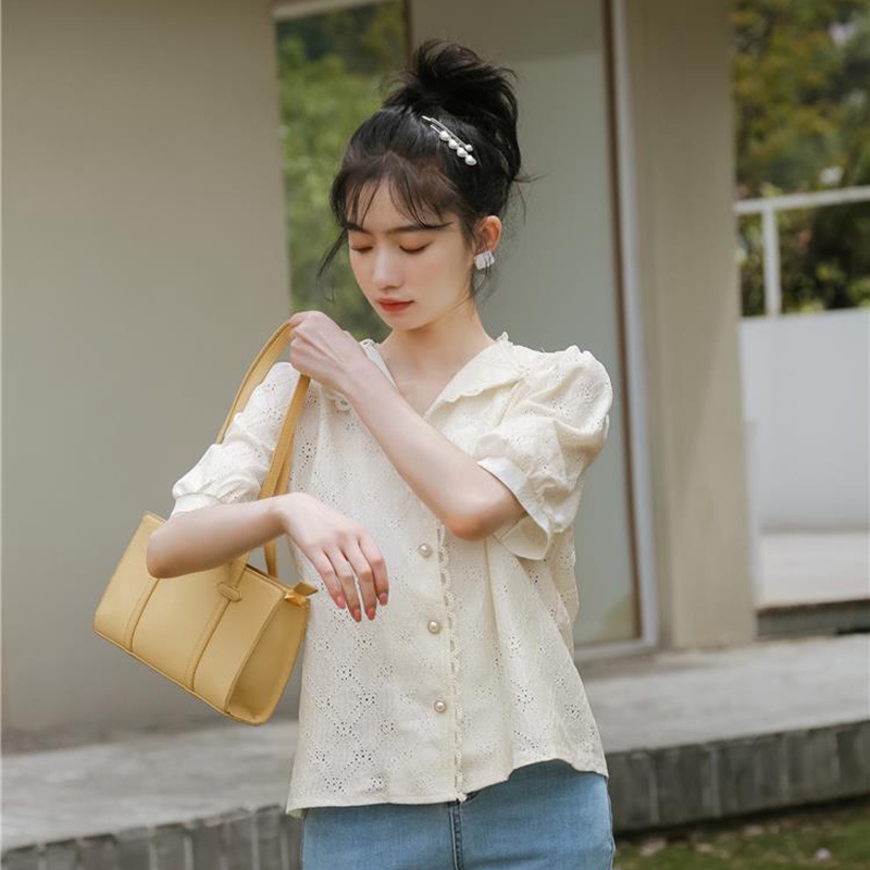 Áo sơ mi IELGY cổ chữ v tay ngắn phong cách Pháp cổ điển dành cho nữ