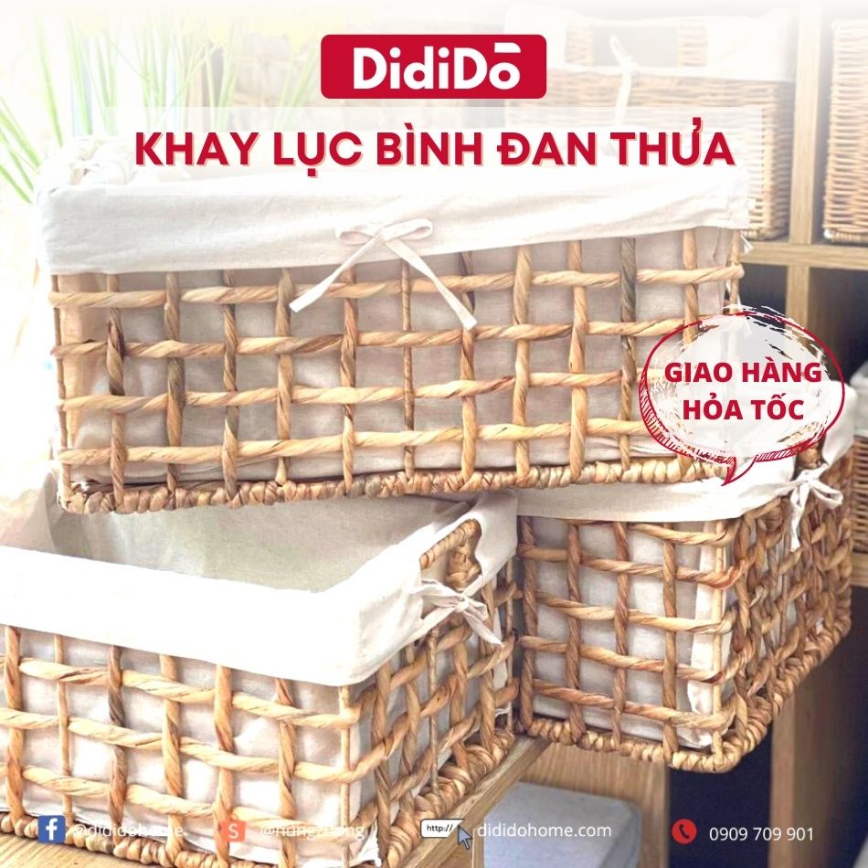 Khay lục bình đan thưa hình chữ nhật kèm vải lót