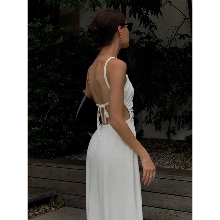 Váy trắng đi biển cổ yếm maxi đầm đi biển dài dự  tiệc nữ đẹp 2 dây dáng dài bikini kiểu Hàn Quốc hở lưng 1072 DK5T403