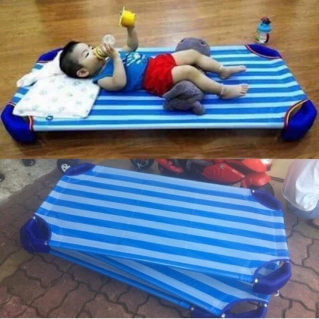 Giường lưới cho bé mầm non có 2 thanh innox chắn ngang phía dưới chắc chắn kích thước 120x60x10cm
