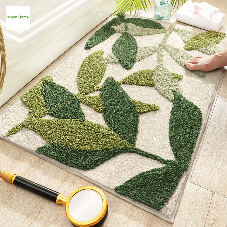 Thảm chùi chân lau chân trải sàn trang trí nhà họa tiết lá nổi cao cấp thấm hút nước chống trơn trượt MoonHome TC202