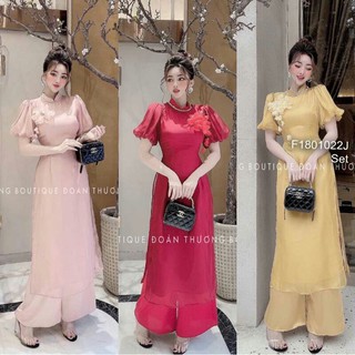 Set áo dài cách tân ngực đính hoa nổi tay phồng kèm quần!