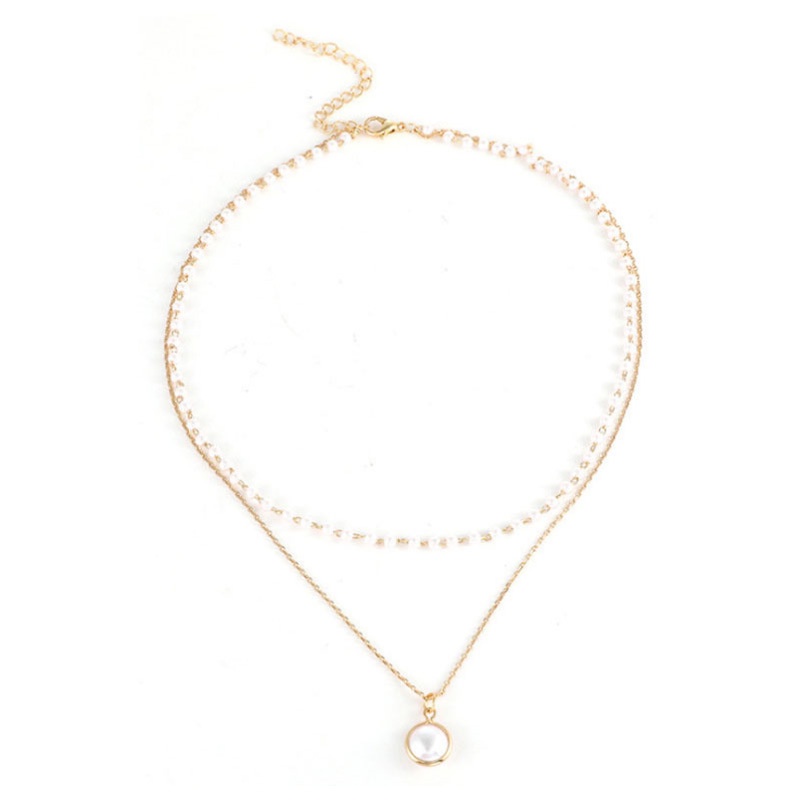 Retro Double Layer Pearl Beaded Round Pendant Necklace/ Gold Color Alloy Clavicle Chain